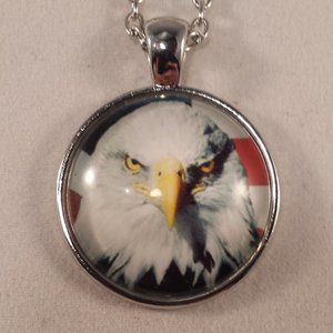 Mens Silver Bald Eagle Cabochon Pendant Necklace Party Gift